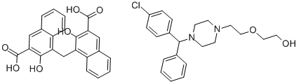 structure of CAS# 10246-75-0, Hydroxyzine Pamoate;4-[(3-Carboxy-2-Hydroxy-1-Naphthyl)Methyl]-3-Hydroxy-Naphthalene-2-Carboxylic Acid;2-[2-[4-[(4-Chlorophenyl)-Phenyl-Methyl]Piperazin-1-Yl]Ethoxy]Ethanol;4-[(3-Carboxy-2-Hydroxy-1-Naphthyl)Methyl]-3-Hydroxy-2-Naphthalenecarboxylic Acid;2-[2-[4-[(4-Chlorophenyl)-Phenylmethyl]-1-Piperazinyl]Ethoxy]Ethanol;4-[(3-Carboxy-2-Hydroxy-1-Naphthyl)Methyl]-3-Hydroxy-2-Naphthoic Acid;2-[2-[4-[(4-Chlorophenyl)-Phenyl-Methyl]Piperazin-1-Yl]Ethoxy]Ethanol