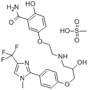 structure of CAS# 105737-62-0, (±)-2-Hydroxy-5-[2-[[2-hydroxy-3-[4-[1-methyl-4-(trifluoromethyl)-1H-imidazol-2-yl]phenoxy]propyl] amino]ethoxy]-benzamide methanesulfonate salt;(±)-2-Hydroxy-5-[2-[[2-Hydroxy-3-[4-[1-Methyl-4-(Trifluoromethyl)-1H-Imidazol-2-Yl]Phenoxy]Propyl]  Amino]Ethoxy]-Benzamide  Methanesulfonate  Salt;1-[2-((3-CARBAMOYL-4-HYDROXY)PHENOXY)ETHYLAMINO]-3-[4-(1-METHYL-4-TRIFLUOROMETHYL-2-IMIDAZOLYL)PHENOXY]-2-PROPANOL DIHYDROCHLORIDE;1-[2-((3-CARBAMOYL-4-HYDROXY)PHENOXY)ETHYLAMINO]-3-[4-(1-METHYL-4-TRIFLUOROMETHYL-2-IMIDAZOLYL)PHENOXY]-2-PROPANOL DIHYDROCHLORIDE