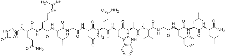 structure of CAS# 108437-88-3, 5-Oxo-L-Prolyl-L-Glutaminyl-L-Arginyl-L-Leucylglycyl-L-Asparaginyl-L-Glutaminyl-L-Tryptophyl-L-Alanyl-L-Valylglycyl-D-Phenylalanyl-L-Leucyl-L-Leucinamide;PGLU-GLN-ARG-LEU-GLY-ASN-GLN-TRP-ALA-VAL-GLY-D-PHE-LEU-LEU-NH2;PYR-GLN-ARG-LEU-GLY-ASN-GLN-TRP-ALA-VAL-GLY-D-PHE-LEU-LEU-NH2;GLP-GLN-ARG-LEU-GLY-ASN-GLN-TRP-ALA-VAL-GLY-DPHE-LEU-LEU-NH2