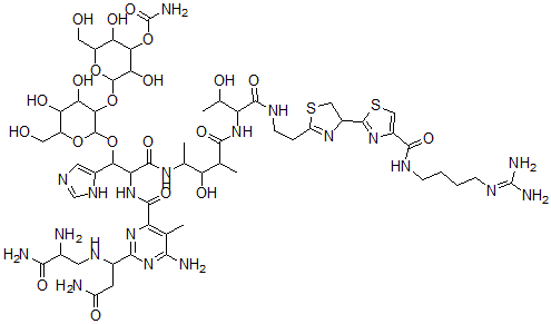 structure of CAS# 11031-11-1, Phleomycin D1;[2-[2-[2-[[6-Amino-2-[3-Amino-1-[(2,3-Diamino-3-Oxo-Propyl)Amino]-3-Oxo-Propyl]-5-Methyl-Pyrimidine-4-Carbonyl]Amino]-3-[[4-[[1-[2-[4-[4-(4-Guanidinobutylcarbamoyl)Thiazol-2-Yl]-4,5-Dihydrothiazol-2-Yl]Ethylcarbamoyl]-2-Hydroxy-Propyl]Amino]-2-Hydroxy-1,3-Dimethyl-4-Oxo-Butyl]Amino]-1-(3H-Imidazol-4-Yl)-3-Oxo-Propoxy]-4,5-Dihydroxy-6-(Hydroxymethyl)Tetrahydropyran-3-Yl]Oxy-3,5-Dihydroxy-6-(Hydroxymethyl)Tetrahydropyran-4-Yl] Carbamate;Carbamic Acid [2-[[2-[2-[[[6-Amino-2-[3-Amino-1-[(2,3-Diamino-3-Oxopropyl)Amino]-3-Oxopropyl]-5-Methyl-4-Pyrimidinyl]-Oxomethyl]Amino]-3-[[4-[[1-[[2-[4-[4-[(4-Guanidinobutylamino)-Oxomethyl]-2-Thiazolyl]-4,5-Dihydrothiazol-2-Yl]Ethylamino]-Oxomethyl]-2-Hydroxypropyl]Amino]-2-Hydroxy-1,3-Dimethyl-4-Oxobutyl]Amino]-1-(3H-Imidazol-4-Yl)-3-Oxopropoxy]-4,5-Dihydroxy-6-(Hydroxymethyl)-3-Tetrahydropyranyl]Oxy]-3,5-Dihydroxy-6-(Hydroxymethyl)-4-Tetrahydropyranyl] Ester;Carbamic Acid [2-[2-[2-[[6-Amino-2-[3-Amino-1-[(2,3-Diamino-3-Keto-Propyl)Amino]-3-Keto-Propyl]-5-Methyl-Pyrimidine-4-Carbonyl]Amino]-3-[[4-[[1-[2-[4-[4-(4-Guanidinobutylcarbamoyl)Thiazol-2-Yl]-4,5-Dihydrothiazol-2-Yl]Ethylcarbamoyl]-2-Hydroxy-Propyl]Amino]-2-Hydroxy-4-Keto-1,3-Dimethyl-Butyl]Amino]-1-(3H-Imidazol-4-Yl)-3-Keto-Propoxy]-4,5-Dihydroxy-6-Methylol-Tetrahydropyran-3-Yl]Oxy-3,5-Dihydroxy-6-Methylol-Tetrahydropyran-4-Yl] Ester