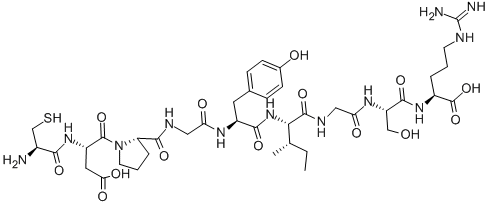 structure of CAS# 110590-60-8, L-Cysteinyl-L-alpha-Aspartyl-L-Prolylglycyl-L-Tyrosyl-L-Isoleucylglycyl-L-Seryl-L-Arginine;Laminin B-1 Chain (925-933) (Human, Mouse);Laminin Β-1 Chain (925-933) (Human, Mouse);H-CYS-ASP-PRO-GLY-TYR-ILE-GLY-SER-ARG-OH