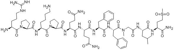 structure of CAS# 110880-55-2, 9-(N-Methylglycine)-11-(S,S-Dioxido-L-Methioninamide)-Substance P;(2S)-2-[[(2S)-1-[(2S)-6-Amino-2-[[(2S)-1-[(2S)-2-Amino-5-Guanidino-Pentanoyl]Pyrrolidine-2-Carbonyl]Amino]Hexanoyl]Pyrrolidine-2-Carbonyl]Amino]-N-[(1S)-4-Amino-1-[[(1S)-2-[[(1S)-2-[[2-[[(1S)-1-[[(1S)-1-Carbamoyl-3-Methylsulfonyl-Propyl]Carbamoyl]-3-Methyl-Butyl]Amino]-2-Oxo-Ethyl]-Methyl-Amino]-2-Oxo-1-(Phenylmethyl)Ethyl]Amino]-2-Oxo-1-(Phenylmethyl)Ethyl]Carbamoyl]-4-Oxo-Butyl]Pentanediamide;(2S)-2-[[[(2S)-1-[(2S)-6-Amino-2-[[[(2S)-1-[(2S)-2-Amino-5-Guanidino-1-Oxopentyl]-2-Pyrrolidinyl]-Oxomethyl]Amino]-1-Oxohexyl]-2-Pyrrolidinyl]-Oxomethyl]Amino]-N-[(1S)-4-Amino-1-[[[(1S)-2-[[(1S)-2-[[2-[[(1S)-1-[[[(1S)-1-Carbamoyl-3-Methylsulfonylpropyl]Amino]-Oxomethyl]-3-Methylbutyl]Amino]-2-Oxoethyl]-Methylamino]-2-Oxo-1-(Phenylmethyl)Ethyl]Amino]-2-Oxo-1-(Phenylmethyl)Ethyl]Amino]-Oxomethyl]-4-Oxobutyl]Pentanediamide;(2S)-2-[[(2S)-1-[(2S)-6-Amino-2-[[(2S)-1-[(2S)-2-Amino-5-Guanidino-Pentanoyl]Pyrrolidine-2-Carbonyl]Amino]Hexanoyl]Pyrrolidine-2-Carbonyl]Amino]-N-[(1S)-4-Amino-1-[[(1S)-1-(Benzyl)-2-[[(1S)-1-(Benzyl)-2-[[2-[[(1S)-1-[[(1S)-1-Carbamoyl-3-Mesyl-Propyl]Carbamoyl]-3-Methyl-Butyl]Amino]-2-Keto-Ethyl]-Methyl-Amino]-2-Keto-Ethyl]Amino]-2-Keto-Ethyl]Carbamoyl]-4-Keto-Butyl]Glutaramide