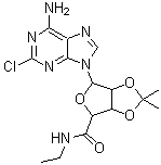 structure of CAS# 120225-75-4, 6-(6-Amino-2-Chloro-9H-Purin-9-Yl)-N-Ethyl-2,2-Dimethyltetrahydrofuro[3,4-d][1,3]Dioxole-4-Carboxamide;2-Chloro-<wbr>2',3'-O-i<wbr>sopropyli<wbr>deneadeno<wbr>sine-5'-N<wbr>-ethylcar<wbr>boxamide;6-(6-amin<wbr>o-2-chlor<wbr>o-9H-puri<wbr>n-9-yl)-N<wbr>-ethyl-2,<wbr>2-dimethy<wbr>ltetrahyd<wbr>rofuro[3,<wbr>4-d][1,3]<wbr>dioxole-4<wbr>-carboxam<wbr>ide