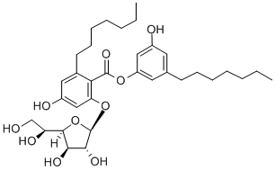 CAS 登录号：120634-86-8， (3-庚基-5-羟基苯基)2-[(2S,3R,4R)-5-[(1R)-1,2-二羟基乙基]-3,4-二羟基四氢呋喃-2-基]氧基-6-庚基-4-羟基苯甲酸酯
