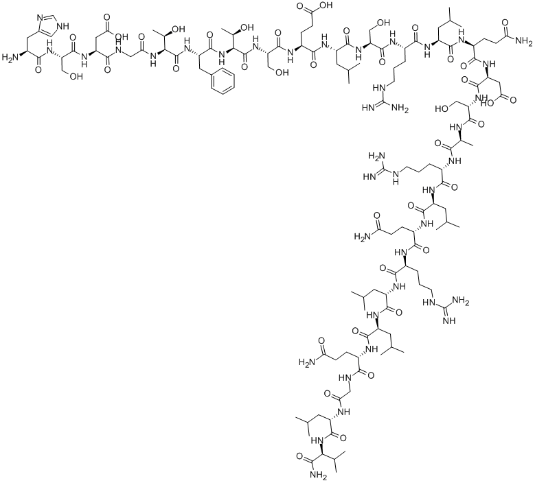 structure of CAS# 121028-49-7, Secretin (Rat);HIS-SER-ASP-GLY-THR-PHE-THR-SER-GLU-LEU-SER-ARG-LEU-GLN-ASP-SER-ALA-ARG-LEU-GLN-ARG-LEU-LEU-GLN-GLY-LEU-VAL-NH2 RAT;H-HIS-SER-ASP-GLY-THR-PHE-THR-SER-GLU-LEU-SER-ARG-LEU-GLN-ASP-SER-ALA-ARG-LEU-GLN-ARG-LEU-LEU-GLN-GLY-LEU-VAL-NH2;H-His-Ser-Asp-Gly-Thr-Phe-Thr-Ser-Glu-Leu-Ser-Arg-Leu-Gln-Asp-Ser-Ala-Arg-Leu-Gln-Arg-Leu-Leu-Gln-Gly-Leu-Val-NH2