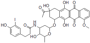 CAS#: 121071-90-7， N-[6-[(3-ethanoyl-3,5,12-trihydroxy-10-methoxy-6,11-dioxo-2,4-dihydro-1H-tetracen-1-yl)oxy]-3-hydroxy-2-methyl-oxan-4-yl]-3-(4-hydroxy-3-iodo-phenyl)propanamide