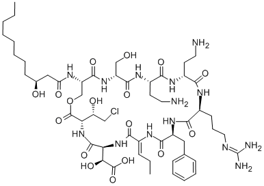 CAS#: 124888-22-8， 2-[(9Z)-18,21-Bis(2-Aminoethyl)-3-(2-Chloro-1-Hydroxyethyl)-15-[3-(Diaminomethylideneamino)Propyl]-24-(Hydroxymethyl)-27-(3-Hydroxyundecanoylamino)-2,5,8,11,14,17,20,23,26-Nonaoxo-12-(Phenylmethyl)-9-Propylidene-1-Oxa-4,7,10,13,16,19,22,25-Octazacyclooctacos-6-Yl]-2-Hydroxyacetic Acid