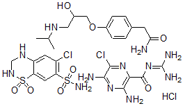 CAS#: 126294-31-3， 3,5-diamino-N-(aminoiminomethyl)-6-chloro-Pyrazinecarboxamide monohydrochloride mixt. with 6-chloro-3,4-dihydro-2H-1,2,4-benzothiadiazine-7-sulfonamide 1,1-dioxide and 4-(2-hydroxy-3-((1-methylethyl)amino)propoxy)benzeneacetamide