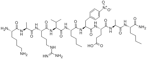 structure of CAS# 128340-47-6, L-Lysyl-L-Alanyl-L-Arginyl-L-Valyl-L-Norleucyl-4-Nitro-L-Phenylalanyl-L-alpha-Glutamyl-L-Alanyl-L-Norleucinamide;LYS-ALA-ARG-VAL-NLE-P-NITRO-PHE-GLU-ALA-NLE AMIDE;H-LYS-ALA-ARG-VAL-NLE-P-NITRO-PHE-GLU-ALA-NLE-NH2;Lys-Ala-Arg-Val-Nle-P-Nitro-Phe-*Glu-Ala-Nle Amid