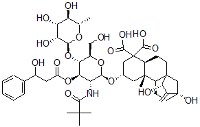 CAS#: 131862-38-9， (2beta,15alpha)-2-((2-Deoxy-4-O-(6-Deoxy-alpha-L-Mannopyranosyl)-3-O-(3-Hydroxy-1-Oxo-3-Phenylpropyl)-2-((3-Methyl-1-Oxobutyl)Amino)-beta-D-Glucopyranosyl)Oxy)-13,15-Dihydroxykaur-16-Ene-18,19-Dioic Acid