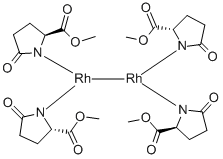 structure of CAS# 132435-65-5, Tetrakis[mu-[Methyl 5-(Oxo)-D-Prolinato]]Di-RhodiumStereoisomer;Dirhodium(II) Tetrakis(Methyl 2-Pyrrolidinone-5(S)-Carboxylate)Acetonitrile/2-Propanol Complex, Rh Nominally 25.5%;Dirhodium (II) Tetrakis(Methyl 2-Pyrrolidone-5(S)-Carboxylate)Acetonitrile/2-Propanol Complex, Rh Nominally 25.58%;Dirhodium  (II)  Tetrakis(Methyl  2-Pyrrolidone-5(S)-Carboxylate)Acetonitrile/2-Propanol  Complex,  Rh  No