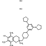 structure of CAS# 137018-55-4, 2-({4-[2,6-Di(1-Pyrrolidinyl)-4-Pyrimidinyl]-1-Piperazinyl}Methyl)-2,5,7,8-Tetramethyl-6-Chromanol Dihydrochloride;(-)-2-((4<wbr>-(2,6-Di-<wbr>1-pyrroli<wbr>dinyl-4-p<wbr>yrimidiny<wbr>l)-1-pipe<wbr>razinyl)m<wbr>ethyl)-3,<wbr>4-dihydro<wbr>-2,3,7,8-<wbr>tetrameth<wbr>yl-2H-1-b<wbr>enzopyran<wbr>-6-ol, 2H<wbr>Cl;(-)-2-([4<wbr>-(2,6-Di-<wbr>1-pyrroli<wbr>dinyl-4-p<wbr>yrimidiny<wbr>l)-1-pipe<wbr>razinyl)m<wbr>ethyl]-3,<wbr>4-dihydro<wbr>-2,5,7,8-<wbr>tetrameth<wbr>yl-2H-1-b<wbr>enzopyran<wbr>-6-ol dih<wbr>ydrochlor<wbr>ide;2-((4-(2,<wbr>6-di-1-py<wbr>rrolidiny<wbr>l-4-pyrim<wbr>idinyl)-1<wbr>-piperazi<wbr>nyl)methy<wbr>l)-3,4-di<wbr>hydro-2,5<wbr>,7,8-tetr<wbr>amethyl-2<wbr>H-1-benzo<wbr>pyran-6-o<wbr>l.di-HCl