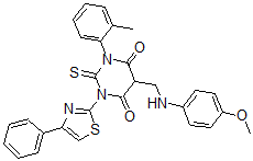CAS#: 139356-81-3， 5-[[(4-Methoxyphenyl)Amino]Methyl]-1-(2-Methylphenyl)-3-(4-Phenyl-1,3-Thiazol-2-Yl)-2-Sulfanylidene-1,3-Diazinane-4,6-Dione