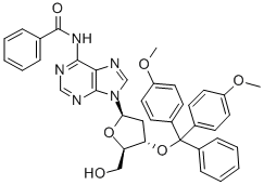 structure of CAS# 140712-79-4, N-Benzoyl-3'-O-[Bis(4-Methoxyphenyl)Phenylmethyl]-2'-Deoxy-Adenosine;N-[9-[(2R,4S,5R)-4-[Bis(4-Methoxyphenyl)-Phenyl-Methoxy]-5-(Hydroxymethyl)Tetrahydrofuran-2-Yl]Purin-6-Yl]Benzamide;N-[9-[(2R,4S,5R)-4-[Bis(4-Methoxyphenyl)-Phenylmethoxy]-5-(Hydroxymethyl)-2-Tetrahydrofuranyl]-6-Purinyl]Benzamide;N-[9-[(2R,4S,5R)-4-[Bis(4-Methoxyphenyl)-Phenyl-Methoxy]-5-Methylol-Tetrahydrofuran-2-Yl]Purin-6-Yl]Benzamide
