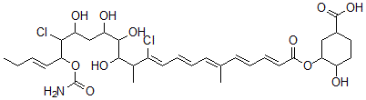 CAS#: 142386-37-6， 3-[(2E,4E,6E,8E,10Z,20E)-19-Carbamoyloxy-11,18-Dichloro-13,14,15,17-Tetrahydroxy-6,12-Dimethyltricosa-2,4,6,8,10,20-Hexaenoyl]Oxy-4-Hydroxycyclohexane-1-Carboxylic Acid