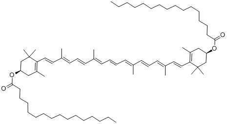 结构式 CAS# 144-67-2, [(1R)-4-[(1E,3E,5E,7E,9E,11E,13E,15E,17E)-18-[(4R)-4-棕榈酰氧基-2,6,6-三甲基-1-环己烯基]-3,7,12,16-四甲基十八碳-1,3,5,7,9,11,13,15,17-九烯基]-3,5,5-三甲基-1-环己-3-烯基]十六烷酸酯