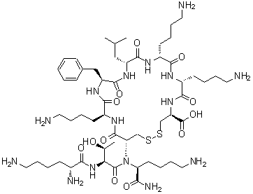 结构式 CAS# 147396-10-9, D-赖氨酰-L-别苏氨酰-N-[(4S,7R,10R,13R,16S,19S,22R)-7,10,19-三(4-氨基丁基)-16-苄基-4-羧基-13-异丁基-6,9,12,15,18,21-六氧代-1,2-二硫杂-5,8,11,14,17,20-六氮杂环二十三烷-22-基]-L-赖氨酰胺