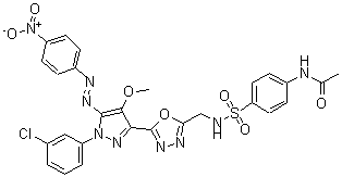 CAS#: 172701-72-3， N-(4-((((5-(1-(3-Chlorophenyl)-4-Methoxy-5-((4-Nitrophenyl)Azo)-1H-Pyrazol-3-Yl)-1,3,4-Oxadiazol-2-Yl)Methyl)Amino)Sulfonyl)Phenyl)-Acetamide
