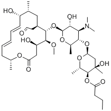 structure of CAS# 18361-45-0, Leucomycin A5;[(2S,3S,4R,6S)-6-[(2R,3S,4R,5R,6S)-6-[[(4R,5S,6S,7R,9R,10R,11E,13E,16R)-4,10-Dihydroxy-5-Methoxy-9,16-Dimethyl-2-Oxo-7-(2-Oxoethyl)-1-Oxacyclohexadeca-11,13-Dien-6-Yl]Oxy]-4-Dimethylamino-5-Hydroxy-2-Methyl-Tetrahydropyran-3-Yl]Oxy-4-Hydroxy-2,4-Dimethyl-Tetrahydropyran-3-Yl] Butanoate;Butanoic Acid [(2S,3S,4R,6S)-6-[[(2R,3S,4R,5R,6S)-6-[[(4R,5S,6S,7R,9R,10R,11E,13E,16R)-4,10-Dihydroxy-5-Methoxy-9,16-Dimethyl-2-Oxo-7-(2-Oxoethyl)-1-Oxacyclohexadeca-11,13-Dien-6-Yl]Oxy]-4-Dimethylamino-5-Hydroxy-2-Methyl-3-Tetrahydropyranyl]Oxy]-4-Hydroxy-2,4-Dimethyl-3-Tetrahydropyranyl] Ester;Butyric Acid [(2S,3S,4R,6S)-6-[(2R,3S,4R,5R,6S)-6-[[(4R,5S,6S,7R,9R,10R,11E,13E,16R)-4,10-Dihydroxy-2-Keto-7-(2-Ketoethyl)-5-Methoxy-9,16-Dimethyl-1-Oxacyclohexadeca-11,13-Dien-6-Yl]Oxy]-4-Dimethylamino-5-Hydroxy-2-Methyl-Tetrahydropyran-3-Yl]Oxy-4-Hydroxy-2,4-Dimethyl-Tetrahydropyran-3-Yl] Ester
