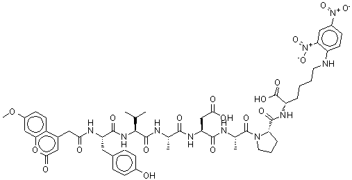 结构式 CAS# 189696-01-3, (2S)-6-(2,4-二硝基苯胺基)-2-[[(2S)-1-[(2S)-2-[[(2S)-4-羟基-2-[[(2S)-2-[[(2S)-2-[[(2S)-3-(4-羟基苯基)-2-[[2-(7-甲氧基-2-氧代-苯并吡喃-4-基)乙酰基]氨基]丙酰]氨基]-3-甲基-丁酰基]氨基]丙酰]氨基]-4-氧代-丁酰基]氨基]丙酰]吡咯烷-2-羰基]氨基]己酸
