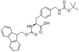 structure of CAS# 204715-91-3, 4-[[[(1,1-Dimethylethoxy)Carbonyl]Amino]Methyl]-N-[(9H-Fluoren-9-Ylmethoxy)Carbonyl]-L-Phenylalanine;FMOC-L-4-AMINOMETHYLPHENYLALANINE(BOC);REF DUPL: Fmoc-L-Phe(4-Ch2nhboc)-OH;FMOC-L-4-AMINOMETHYLPHE(BOC)