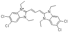 CAS#: 21527-78-6， 5,6-Dichloro-2-[3-(5,6-dichloro-1,3-diethyl-1,3-dihydro-2H-benzimidazol-2-ylidene)-1-propenyl]-1,3-diethyl-1H-Benzimidazolium