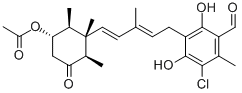 结构式 CAS# 22738-98-3, 3-[(2E,4E)-5-[(1S,2S,3S,6R)-3-(乙酰氧基)-1,2,6-三甲基-5-氧代环己基]-3-甲基-2,4-戊二烯-1-基]-5-氯-2,4-二羟基-6-甲基-苯甲醛