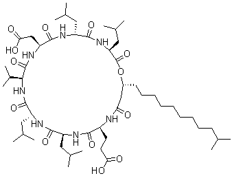 structure of CAS# 24730-31-2, Surfactin;3-[(3S,6R,9S,12S,15R,18S,21S,25R)-9-(Carboxymethyl)-3,6,15,18-Tetraisobutyl-12-Isopropyl-25-(10-Methylundecyl)-2,5,8,11,14,17,20,23-Octaoxo-1-Oxa-4,7,10,13,16,19,22-Heptazacyclopentacos-21-Yl]Propanoic Acid;3-[(3S,6R,9S,12S,15R,18S,21S,25R)-9-(Carboxymethyl)-3,6,15,18-Tetraisobutyl-12-Isopropyl-2,5,8,11,14,17,20,23-Octaketo-25-(10-Methylundecyl)-1-Oxa-4,7,10,13,16,19,22-Heptazacyclopentacos-21-Yl]Propionic Acid;C12043