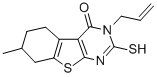 structure of CAS# 307512-22-7, 2,3,5,6,7,8-Hexahydro-7-Methyl-3-(2-Propen-1-Yl)-2-Thioxo-[1]Benzothieno[2,3-d]Pyrimidin-4(1H)-One;[1]BENZOTHIENO[2,3-D]PYRIMIDIN-4(3H)-ONE, 5,6,7,8-TETRAHYDRO-2-MERCAPTO-7-METHYL-3-(2-PROPENYL)-;3-Allyl-7-Methyl-2-Mercapto-5,6,7,8-Tetrahydro[1]Benzothieno[2,3-D]Pyrimidin-4(3H)-One, 96%;3-ALLYL-2-MERCAPTO-7-METHYL-5,6,7,8-TETRAHYDRO-3H-BENZO[4,5]THIENO[2,3-D]PYRIMIDIN-4-ONE