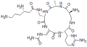 CAS#: 33490-33-4， (3S)-3,6-Diamino-N-[[(2S,5S,8Z,11S,15S)-15-Amino-11-[(4R)-2-Amino-3,4,5,6-Tetrahydropyrimidin-4-Yl]-8-[(Carbamoylamino)Methylidene]-2-Methyl-3,6,9,12,16-Pentaoxo-1,4,7,10,13-Pentazacyclohexadec-5-Yl]Methyl]Hexanamide