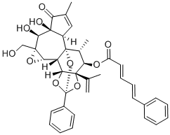 structure of CAS# 34807-41-5, Mezerein;2,4-Pentadienoic Acid, 5-Phenyl-, (2S,3Ar,3Bs,3Cs,4Ar,5S,5As,8Ar,8Br,9R,10R,10As)-3A,3B,3C,4A,5,5A,8A,9,10,10A-Decahydro-5,5A-Dihydroxy-4A-(Hydroxymethyl)-7,9-Dimethyl-10A-(1-Methylethenyl)-6-Oxo-2-Phenyl-6H-2,8B-Epoxyoxireno(6,7)Azulene(5,4-E)-1,3-Benzodioxol-10-Yl Ester, (2E,4E)-;Brn 1675867;Ccris 4674