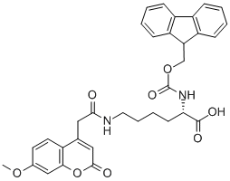 structure of CAS# 386213-32-7, N2-[(9H-Fluoren-9-ylmethoxy)carbonyl]-N6-[(7-methoxy-2-oxo-2H-1-benzopyran-4-yl)acetyl]-L-Lysine;(S)-2-(N-(((9H-Fluoren-9-Yl)Methyl9h-Fluoren-9-Yl)Methoxy)Carbonyl)Acetamido)-6-(7-Methoxy-2-Oxo-2H-Chromen-4-Ylamino)Hexanoic Acid;N-ALPHA-(9-FLUORENYLMETHOXYCARBONYL)-N-EPSILON-(7-METHOXYCOUMARIN-4-YL) ACETYL-L-LYSINE;N-ALPHA-FMOC-N-EPSILON-7-METHOXYCOUMARIN-4-ACETYL-L-LYSINE