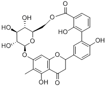 CAS 登录号：39262-31-2， 5'-[7-(beta-D-吡喃葡萄糖基氧基)-3,4-二氢-5-羟基-6-甲基-4-氧代-2H-1-苯并吡喃-2-基]-2,2'-二羟基[1,1'-联苯]-3-羧酸, 分子内. 3,6'''-酯