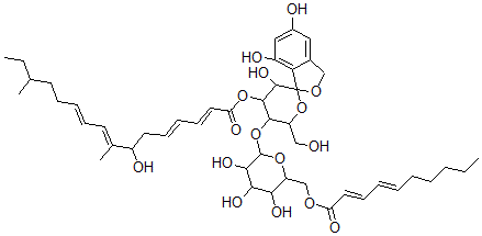CAS 登录号：61036-46-2， 1,1-O-(4,6-二羟基-1,2-亚苯亚甲基)-4-O-[6-O-(1-氧代-2,4-癸二烯基)-beta-D-吡喃半乳糖基]-alpha-D-吡喃葡萄糖 3-(7-羟基-8,14-二甲基十六碳-2,4,8,10-四烯酸酯)