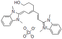 结构式 CAS# 63899-28-5, 2-[3-[2-(1,3-二氢-1,3-二甲基-2H-苯并咪唑-2-亚基)乙亚基]-6-羟基-1-己烯-1-基]-1,3-二甲基-1H-苯并咪唑鎓高氯酸盐(1:1)