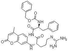 structure of CAS# 65147-22-0, N-[(Phenylmethoxy)Carbonyl]-L-Phenylalanyl-N-(4-Methyl-2-Oxo-2H-1-Benzopyran-7-Yl)-L-Argininamide;Phenylmethyl N-[(1S)-2-[[(2S)-5-Guanidino-2-[(4-Methyl-2-Oxo-Chromen-7-Yl)Amino]Pentanoyl]Amino]-2-Oxo-1-(Phenylmethyl)Ethyl]Carbamate;N-[(1S)-2-[[(2S)-5-Guanidino-2-[(4-Methyl-2-Oxo-7-Chromenyl)Amino]-1-Oxopentyl]Amino]-2-Oxo-1-(Phenylmethyl)Ethyl]Carbamic Acid Phenylmethyl Ester;N-[(1S)-1-(Benzyl)-2-[[(2S)-5-Guanidino-2-[(2-Keto-4-Methyl-Chromen-7-Yl)Amino]Pentanoyl]Amino]-2-Keto-Ethyl]Carbamic Acid Benzyl Ester