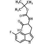 structure of CAS# 67337-05-7, 5-Fluoro-N-{[(2-methyl-2-propanyl)oxy]carbonyl}tryptophan;2-[(tert-<wbr>butoxycar<wbr>bonyl)ami<wbr>no]-3-(5-<wbr>fluoro-1H<wbr>-indol-3-<wbr>yl)propan<wbr>oic acid;Boc-5-fluoro-DL-tryptophan;MFCD02682358