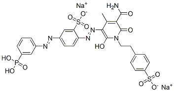 CAS#: 68992-04-1， Disodium 2-[[5-Carbamoyl-1,6-Dihydro-2-Hydroxy-4-Methyl-6-Oxo-1-[2-(4-Sulphonatophenyl)Ethyl]-3-Pyridyl]Azo]-5-[(3-Phosphonophenyl)Azo]Benzenesulphonate