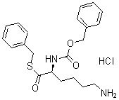 structure of CAS# 69861-89-8, (S)-6-Amino-2-[[(Phenylmethoxy)Carbonyl]Amino]-Hexanethioic Acid S-(Phenylmethyl) Ester Monohydrochloride;S-Benzyl (2S)-6-Amino-2-Benzyloxycarbonylamino-Hexanethioate Hydrochloride;(2S)-6-Amino-2-Benzyloxycarbonylaminohexanethioic Acid S-Benzyl Ester Hydrochloride;(2S)-6-Amino-2-Benzyloxycarbonylamino-Hexanethioic Acid S-Benzyl Ester Hydrochloride