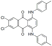 structure of CAS# 70729-59-8, 6,7-Dichloro-1,4-bis((4-methylphenyl)amino)anthraquinone;6,7-Dichloro-1,4-Bis[(4-Methylphenyl)Amino]-9,10-Anthraquinone;6,7-Dichloro-1,4-Bis((4-Methylphenyl)Amino)Anthraquinone;6,7-Dichloro-1,4-Bis-(4-Toluidino)Anthraquinone