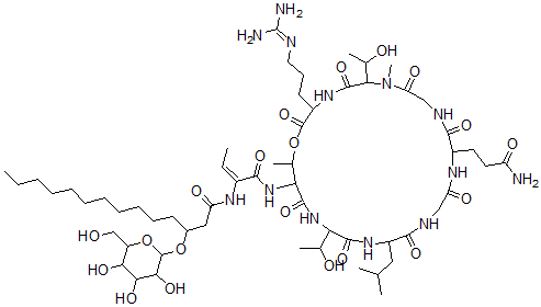 CAS#: 74188-23-1， N-[(E)-1-[[12-(3-Amino-3-Oxopropyl)-3-[3-(Diaminomethylideneamino)Propyl]-6,21-Bis(1-Hydroxyethyl)-7,25-Dimethyl-18-(2-Methylpropyl)-2,5,8,11,14,17,20,23-Octaoxo-1-Oxa-4,7,10,13,16,19,22-Heptazacyclopentacos-24-Yl]Amino]-1-Oxobut-2-En-2-Yl]-3-[3,4,5-Trihydroxy-6-(Hydroxymethyl)Oxan-2-Yl]Oxytetradecanamide