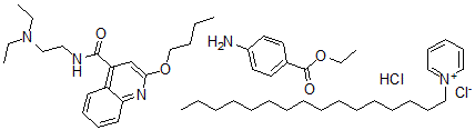 CAS#: 75975-62-1， 1-hexadecyl-Pyridinium chloride, mixt. with 2-butoxy-N-(2-(diethylamino)ethyl)-4-quinolinecarboxamide monohydrochloride and ethyl 4-aminobenzoate