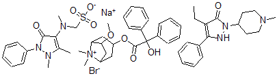 CAS#: 76515-03-2， 3-((Hydroxydiphenylacetyl)oxy)-6-methoxy-8,8-dimethyl-8-Azoniabicyclo(3.2.1)octane bromide mixt. with ((2,3-dihydro-1,5-dimethyl-3-oxo-2-phenyl-1H-pyrazol-4-yl)methylamino)methanesulfonic acid sodium salt and 4-ethyl-1,2-dihydro-2-(1-methyl-4-piperidinyl)-5-phenyl-3H-pyrazol-3-one