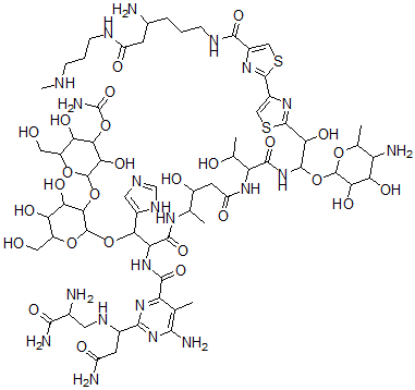 CAS#: 77368-67-3， [2-[2-[2-[[6-Amino-2-[3-Amino-1-[(2,3-Diamino-3-Oxopropyl)Amino]-3-Oxopropyl]-5-Methylpyrimidine-4-Carbonyl]Amino]-3-[[5-[[1-[[1-(5-Amino-3,4-Dihydroxy-6-Methyloxan-2-Yl)Oxy-2-[4-[4-[[4-Amino-6-(3-Methylaminopropylamino)-6-Oxohexyl]Carbamoyl]-1,3-Thiazol-2-Yl]-1,3-Thiazol-2-Yl]-2-Hydroxyethyl]Amino]-3-Hydroxy-1-Oxobutan-2-Yl]Amino]-3-Hydroxy-5-Oxopentan-2-Yl]Amino]-1-(3H-Imidazol-4-Yl)-3-Oxopropoxy]-4,5-Dihydroxy-6-(Hydroxymethyl)Oxan-3-Yl]Oxy-3,5-Dihydroxy-6-(Hydroxymethyl)Oxan-4-Yl] Carbamate