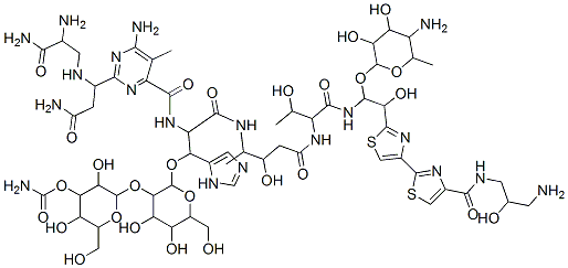 CAS 登录号：77368-71-9， [2-[2-[2-[[6-氨基-2-[3-氨基-1-[(2,3-二氨基-3-氧代丙基)氨基]-3-氧代丙基]-5-甲基嘧啶-4-羰基]氨基]-3-[[5-[[1-[[1-(5-氨基-3,4-二羟基-6-甲基四氢吡喃-2-基)氧基-2-[4-[4-[(3-氨基-2-羟基丙基)氨基甲酰]-1,3-噻唑-2-基]-1,3-噻唑-2-基]-2-羟基乙基]氨基]-3-羟基-1-氧代丁烷-2-基]氨基]-3-羟基-5-氧代戊烷-2-基]氨基]-1-(3H-咪唑-4-基)-3-氧代丙氧基]-4,5-二羟基-6-(羟基甲基)四氢吡喃-3-基]氧基-3,5-二羟基-6-(羟基甲基)四氢吡喃-4-基]氨基甲酸酯