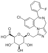 structure of CAS# 81256-81-7, 1'-Hydroxymidazolam-beta-D-Glucuronide;(2S,3S,4S,5R,6R)-6-[[8-Chloro-6-(2-Fluorophenyl)-4H-Imidazo[1,5-A][1,4]Benzodiazepin-1-Yl]Methoxy]-3,4,5-Trihydroxy-Tetrahydropyran-2-Carboxylic Acid;(2S,3S,4S,5R,6R)-6-[[8-Chloro-6-(2-Fluorophenyl)-4H-Imidazo[1,5-A][1,4]Benzodiazepin-1-Yl]Methoxy]-3,4,5-Trihydroxy-2-Tetrahydropyrancarboxylic Acid;(2S,3S,4S,5R,6R)-6-[[8-Chloro-6-(2-Fluorophenyl)-4H-Imidazo[1,5-A][1,4]Benzodiazepin-1-Yl]Methoxy]-3,4,5-Trihydroxy-Oxane-2-Carboxylic Acid