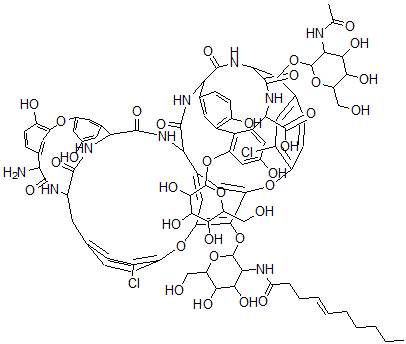 structure of CAS# 91032-34-7, Teicoplanin A2-1;(Z)-34-O-(2-(Acetylamino)-2-Deoxy-Beta-D-Glucopyranosyl)-22,31-Dichloro-7-Demethyl-64-O-Demethyl-19-Deoxy-56-O-(2-Deoxy-2-((1-Oxo-4-Decenyl)Amino)-Beta-D-Glucopyranosyl)42-O-Alpha-D-Mannopyranosylristomycin A Aglycone;Brn 6261779;Teichomycin A(Sub 2) Fact