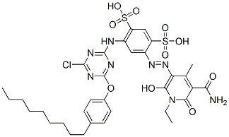 CAS 登录号：93858-29-8， 4-[2-[5-(氨基羰基)-1-乙基-1,6-二氢-2-羟基-4-甲基-6-氧代-3-吡啶基]偶氮]-6-[[4-氯-6-(4-壬基苯氧基)-1,3,5-三嗪-2-基]氨基]-1,3-苯二磺酸