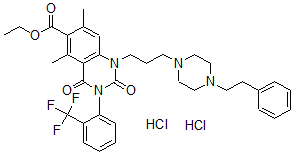 CAS#: 99661-28-6， 5,7-Dimethyl-2,4-dioxo-1-[3-(4-phenethyl-1-piperazinyl)propyl]-3-[2-(trifluoromethyl)phenyl]-6-quinazolinecarboxylic acid ethyl ester dihydrochloride