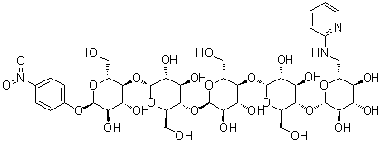 4-Nitrophenyl O-6-deoxy-6-(2-pyridinylamino)-alpha-D-glucopyranosyl-(1→4)-O-alpha-D-glucopyranosyl-(1→4)-O-alpha-D-glucopyranosyl-(1→4)-O-alpha-D-glucopyranosyl-(1→4)-alpha-D-glucopyranoside molecular structure (CAS 100111-14-6)
